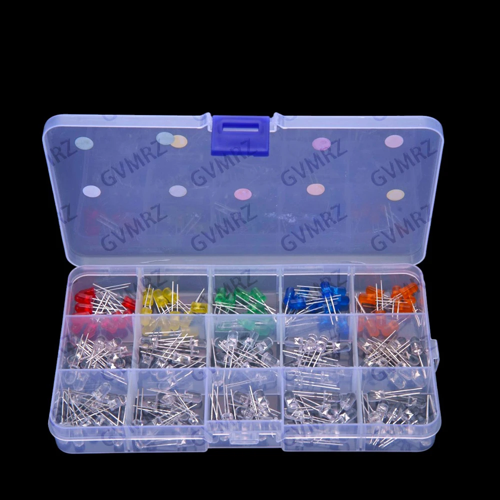 15 Values Blue White Purple ​​Each 10PCS 150PCS Red Orange Yellow Pink Light Emitting Diodes LED 5mm Component Box Green