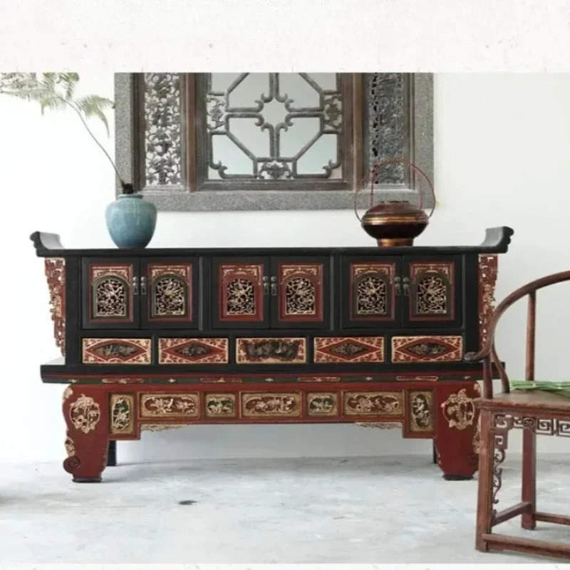 

B New Chinese style antique solid wood warped head porch cabinet retro decorative engraved gold classical locker