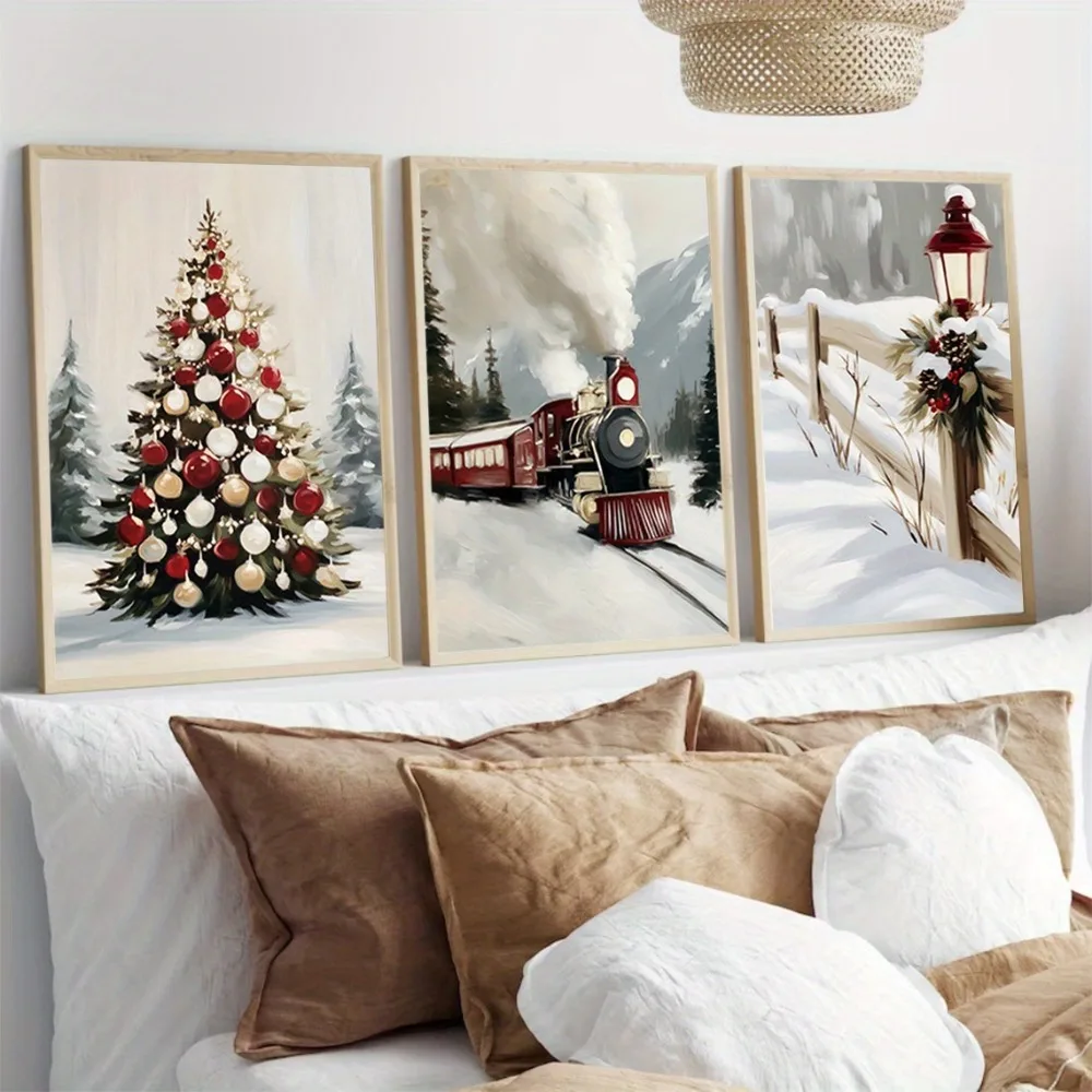 3pcs Frameless Retro Red Steam Wall Art Rustic Winter Scene Painting Canvas Printing Christmas Tree Poster Holiday Home Decor