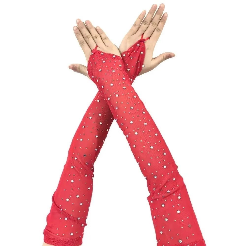 Elegance Shiny Rhinestone Mesh Gloves Mesh 42cm Glitter Long Gloves Arm Sleeves Sheer Party Costume Dancing Prom