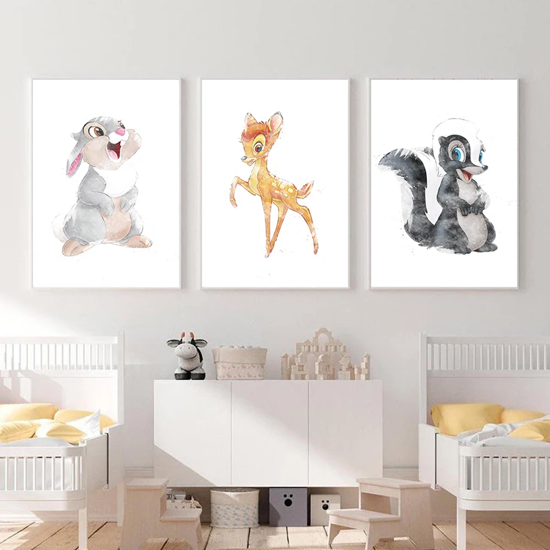 Bambi Thumper Print Cartoon Watercolor Bambi Friends Rabbit Posters Nursery Wall Decor Baby Room Cartoon Art Canvas Painting