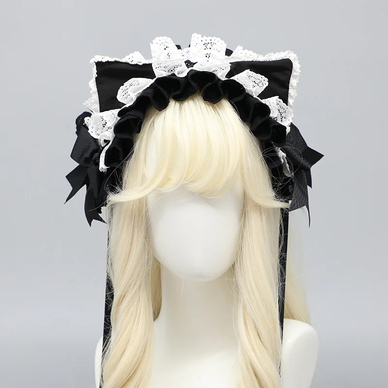 

Cosplay JK KC Japanese Headwear Sweet Cat Ear Hairband Kawaii Girl Harajuku Lolita Accessories Black White Bow Ruffled Hairclip