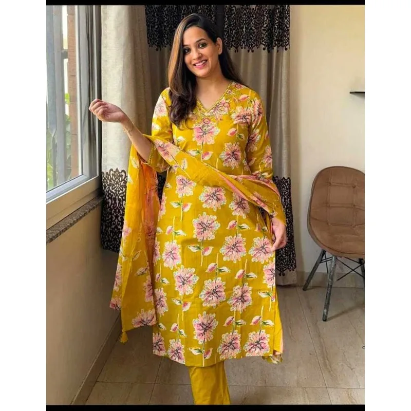 Yellow Color Printed Kurta Palazzo With Dupatta Set Women Party Wear Salwar Suit