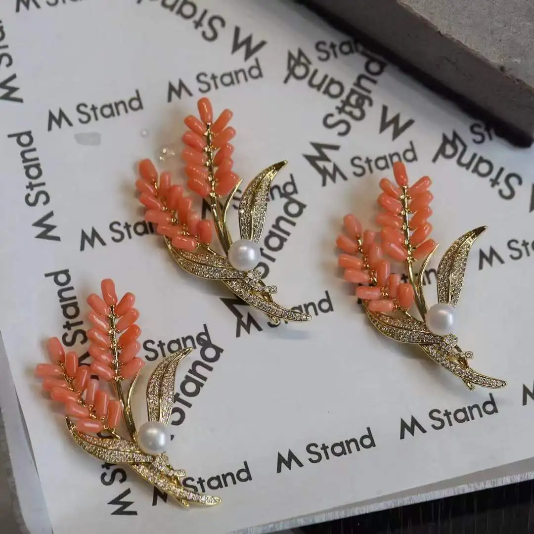 Certified Natural Pink Coral Branch-Clustered Wheat Ear Brooch Exquisite Real Pearl Full CZ Accent Gilded Leaves Pin Women Jewel