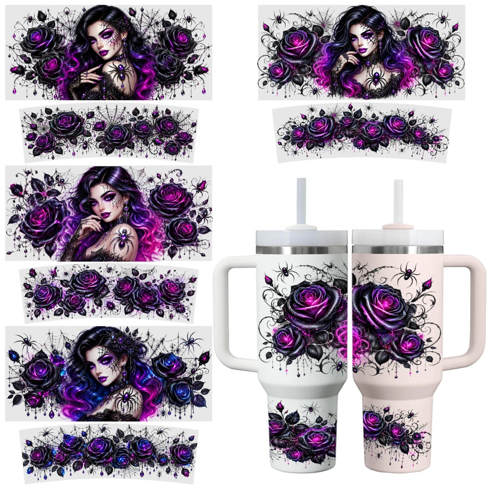 4 Sheets Gothic Woman Roses Spiders Web Purple Black UV DTF Stickers for 40oz Tumblers Vinyl Decal Set Decorative Transfer Paper