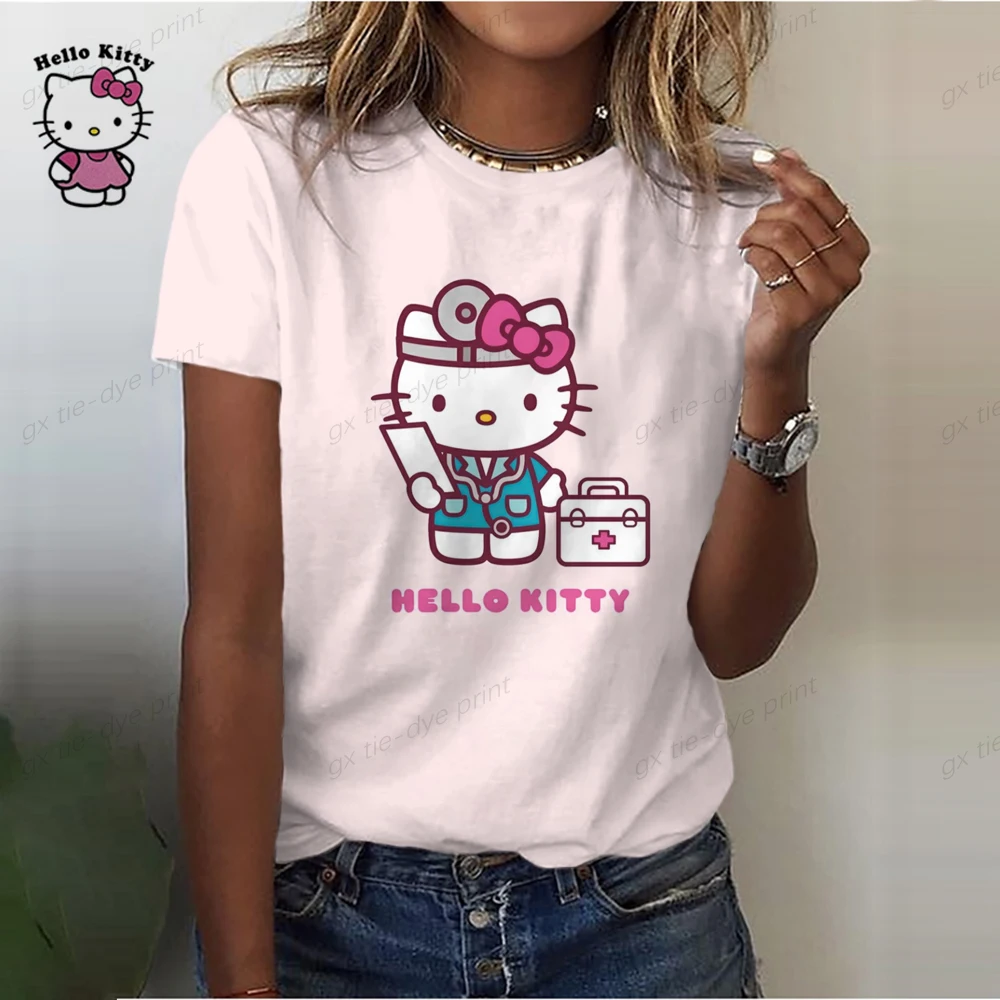 Comfortable Casual Women's Clothing Black Top Girl Women's T-shirt Casual Kawaii Hello Kitty Cartoon Pattern Print Tshirt