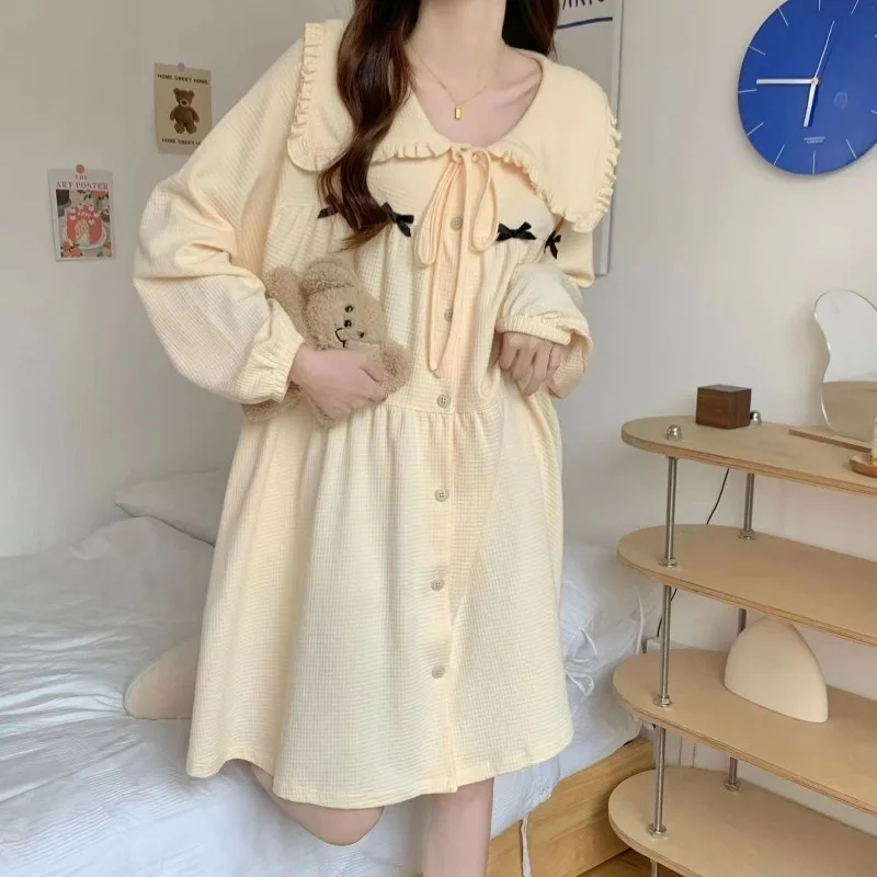 Bow Women Nightgown Ruffle Sleepwear Korean Nightwear Autumn Long Sleeve Sleeping One Piece Pajamas Peter Pan Collar Night Dress