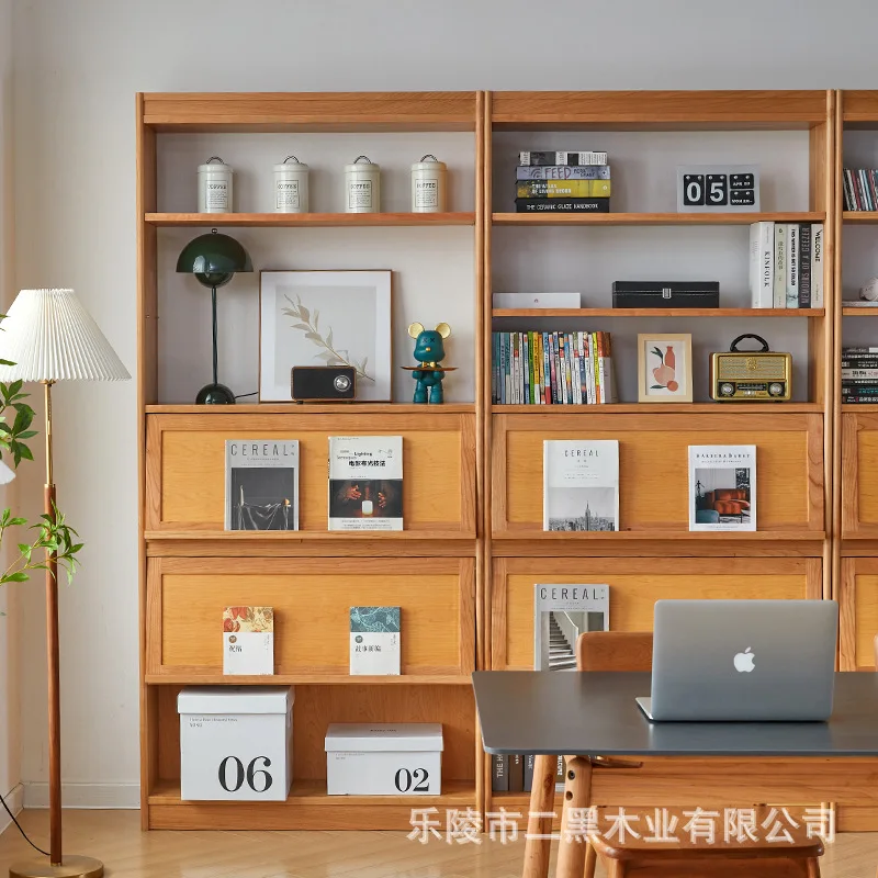 Solid wood combination bookshelf whole wall display cabinet floor cherry wood bookcase