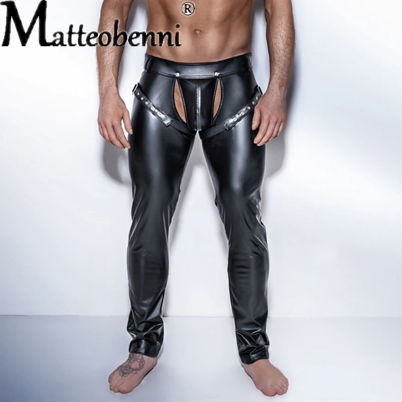 Erotische Männer Faux PU Leder Hosen Männlichen Wetlook Latex Hose Vorne Offen Pole Dance Hosen Homosexuell Fetisch PVC Hosen Clubwear kostüme