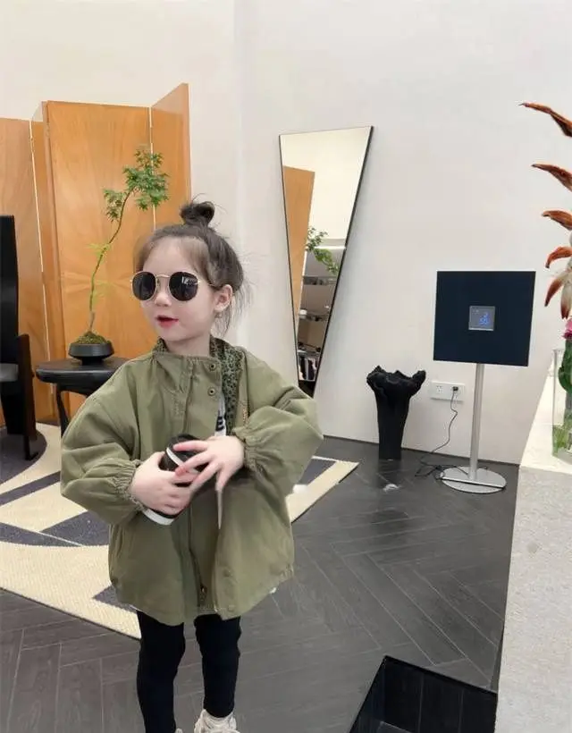 Girls Jacket 2026 Spring New Kids Trendy Leopard Reversible Trench Coat Boys Stylish Street Jacket