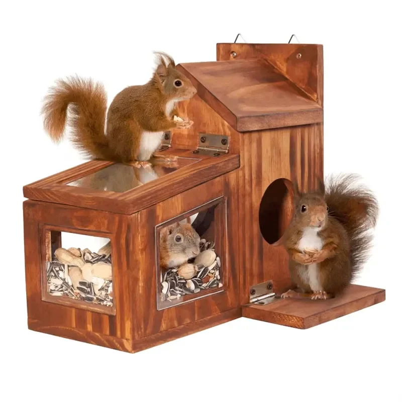 for Sustainable Durable Wooden Squirrel Feeder Pet House Tree Hole Design Windproof Waterproof Hook Loop Closure for Outdoor