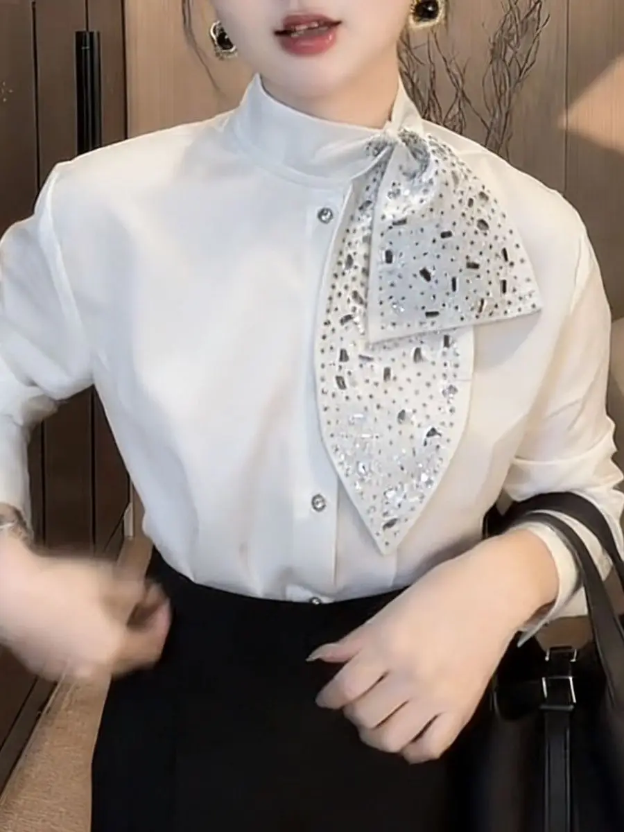 

Весна 2026: Модная женская блузка Commuter Sle с воротником-стойкой, инкрустированная стразами, однотонная, универсальная, с длинным рукавом