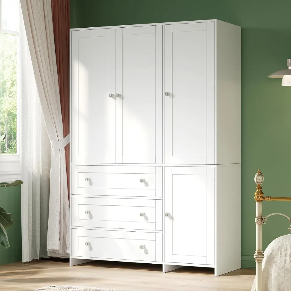 

71-inch Wooden Armoire with Hanging Rod, Drawers, and Mirrored Doors for Clothing Storage