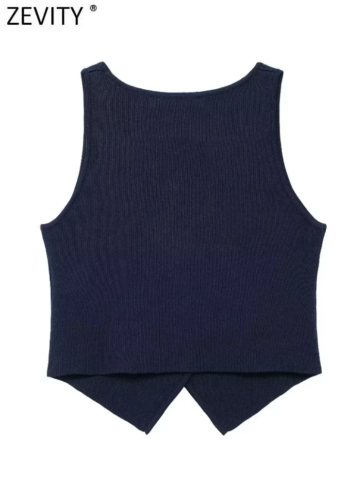 Zevity Women Fashion Navy Blue Single Breasted Knitted Vest Tank Tops Vintage V-Neck Sleeveless Female Chic Lady Crop Top LS6242