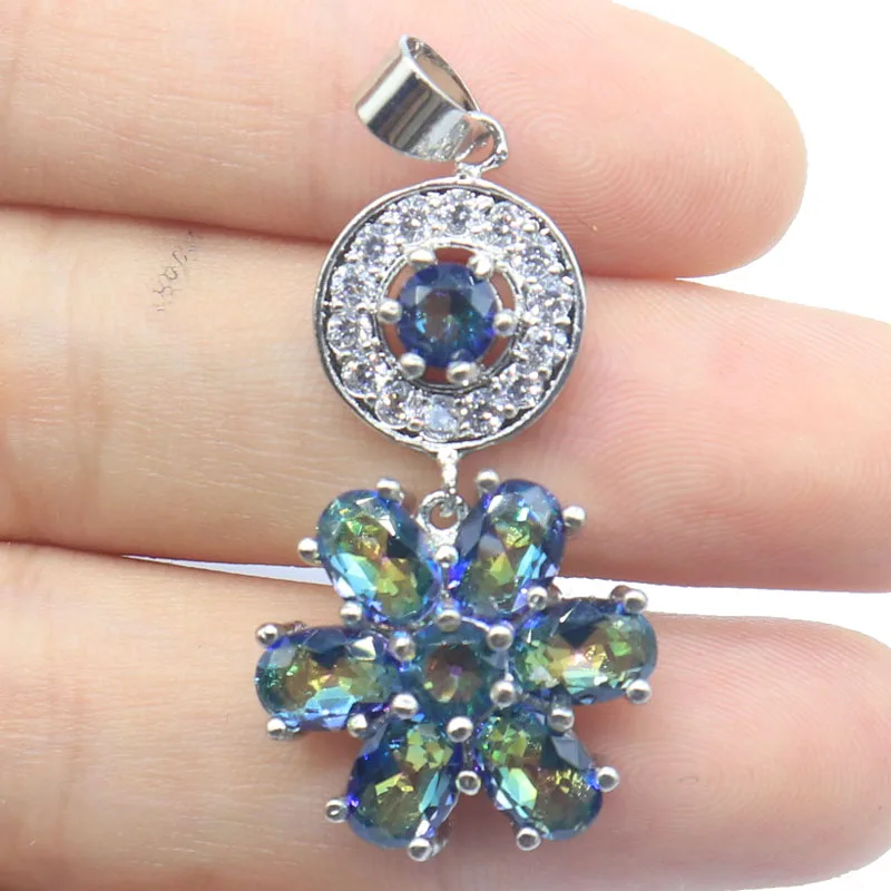 43x19mm Highly Recommend Flower Shape Fire Rainbow Mystic Topaz London Blue Topaz Ladies Engagement Silver Pendant