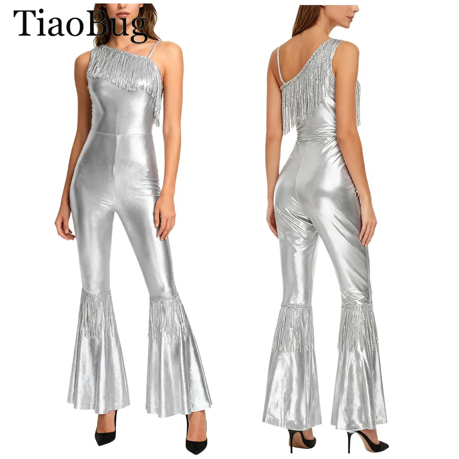 

Women 70s 80s Disco Rompers Shiny Metallic Sequin Jazz Dance Jumpsuit Tassels One Shoulder Hippie Flare Bell Bottom Bodysuits
