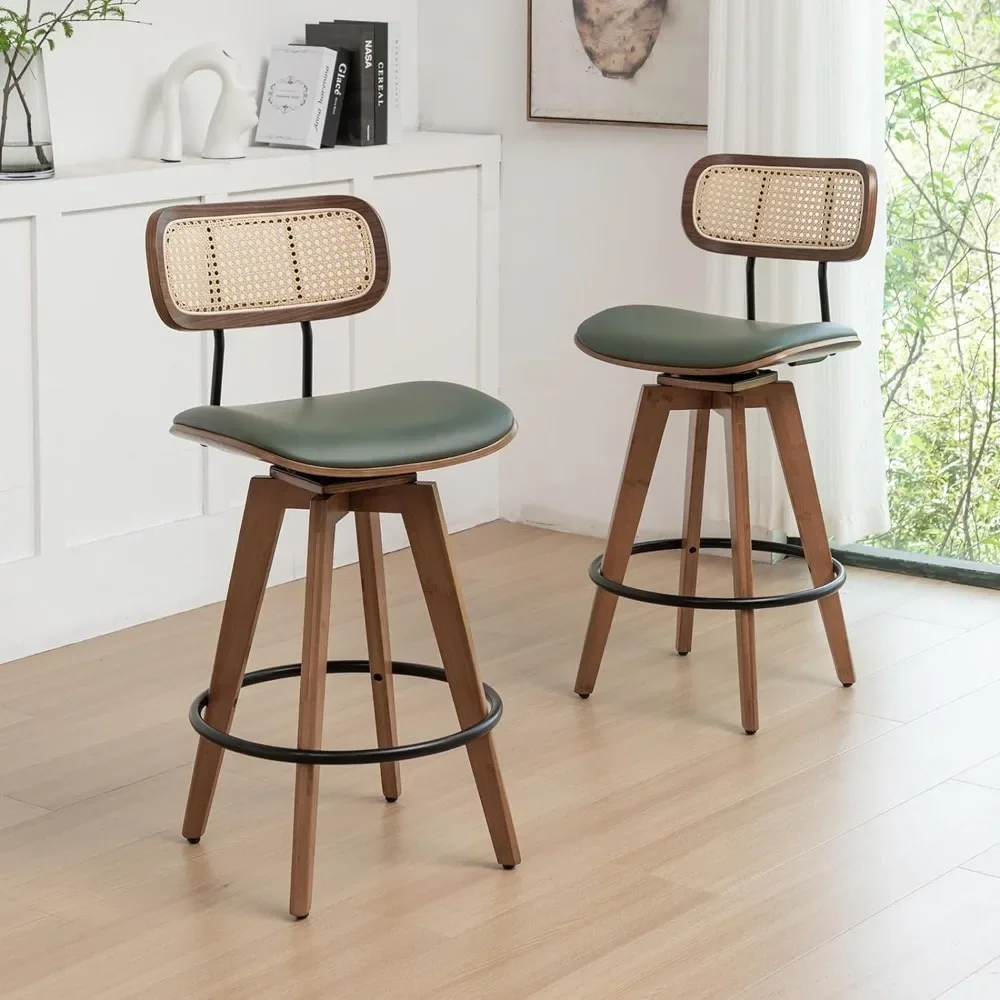 Set of 2, Faux Leather Counter Height Swivel Barstools with Rattan Backrest/Wooden Legs,Armless Mid Century Modern Bar Chairs