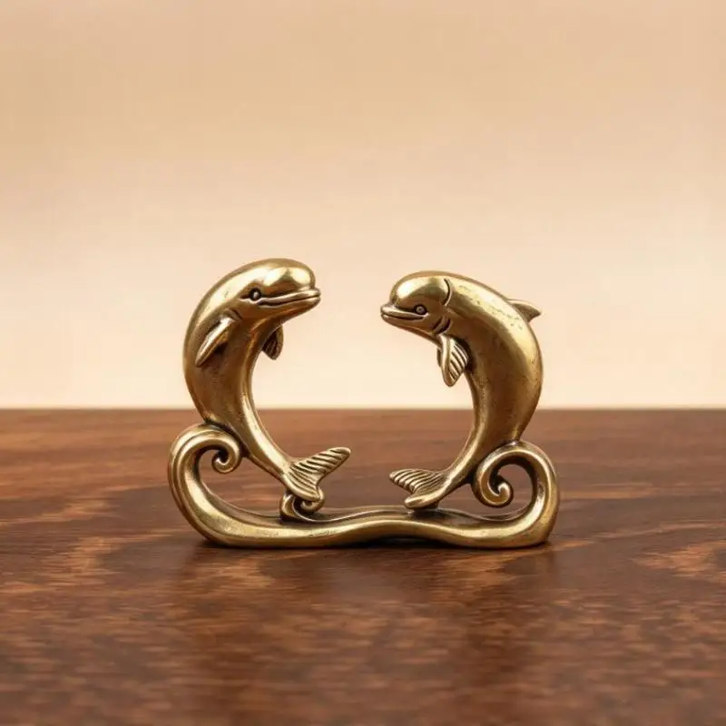 1/2Pcs Brass Double Dolphin Decorative Figurine With Vintage Antique Finish For Home Office Desktop Ornament