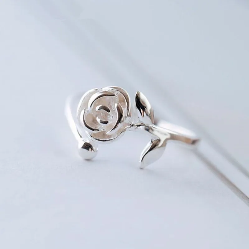 New Literary Handmade Smooth 925 Sterling Silver Fashion Jewelry Leaf Rose Flower Cute Women Opening Rings  R089