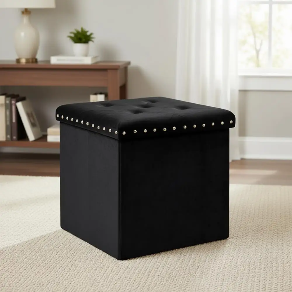

Velvet Storage Ottoman Cube, Small Tufted Stool with Rivet Design, Padded Seat for Living Room or Bedroom Vanity, 15.7