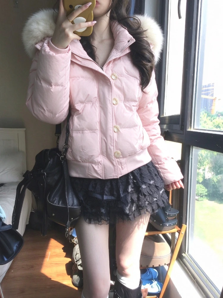 Winter Warm American Vintage Women Faux Fur Collar Parka Y2K Casual Oversized Coat Chic Streetwear Ladies Outerwear Jackets