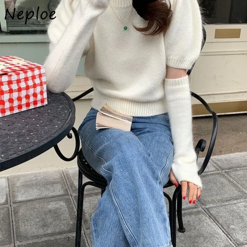 Neploe Korean Office Lady Elegant Simple All-match Knitted O Neck Short Sleeve Pullover Solid Color Design Sense Sweater with