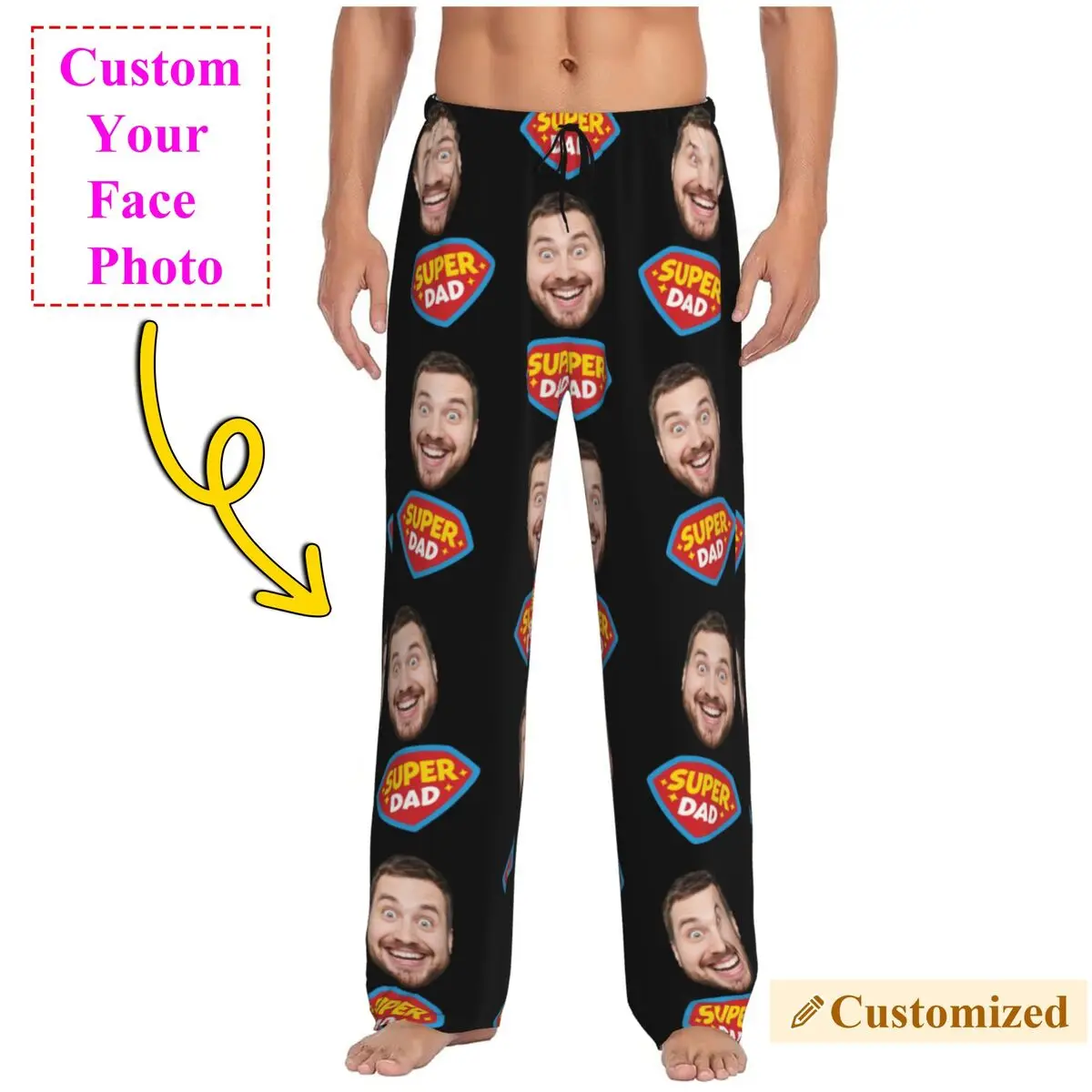 Pantalones de pijama personalizados Super Dad para hombres Diseño de foto de cara personalizada Ropa de dormir con bolsillos