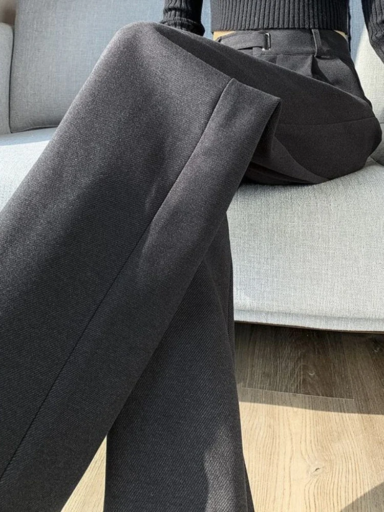 المرأة مستقيم واسعة الساق السراويل دعوى مع الستارة ، البني الصوفية ، النسخة الضيقة ، جديد ، الخريف والشتاء ، 2022