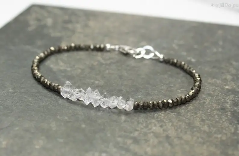 Herkimer Diamond & Pyrite Bracelet, Quartz Crystal Jewelry, Beaded Pyrite Bracelet, Herkimer Diamond Jewelry