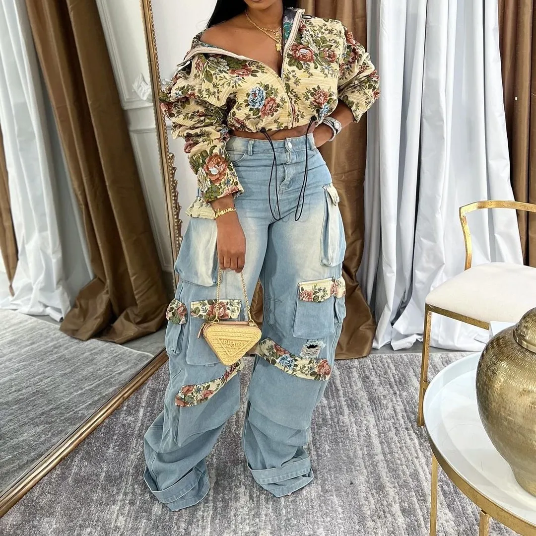 

Женские комплекты с принтом: джинсы с высокой талией и прямым кроем, повседневные свободные блузки с отложным воротником на одной пуговице