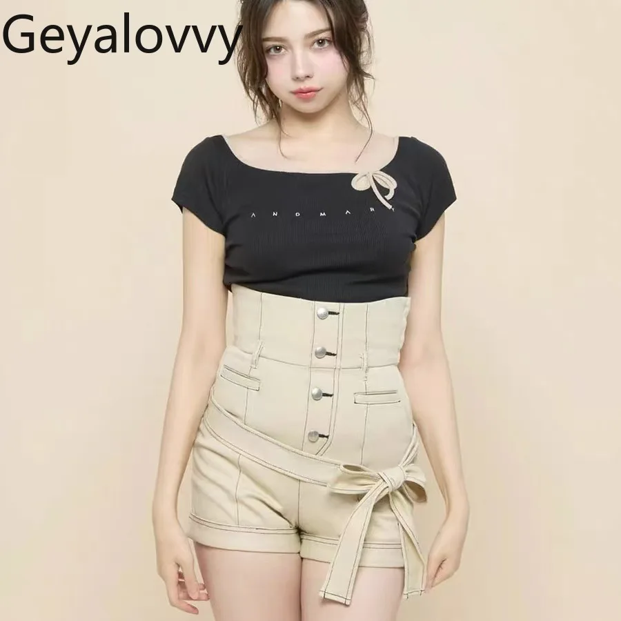 

Japanese Style Women's Tops Summer Letter Print Bowknot Splicing Short Sleeve Tee Fashion Waist-Tightening Casual T-Shirt