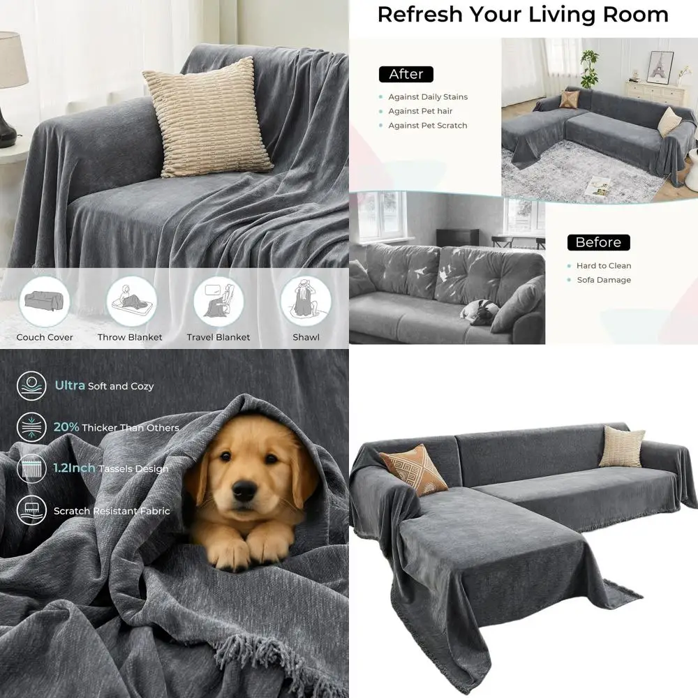 

Pet-Friendly Chenille L-Shape Couch Cover, Washable Sofa Protector (X-Large, Dark Gray)