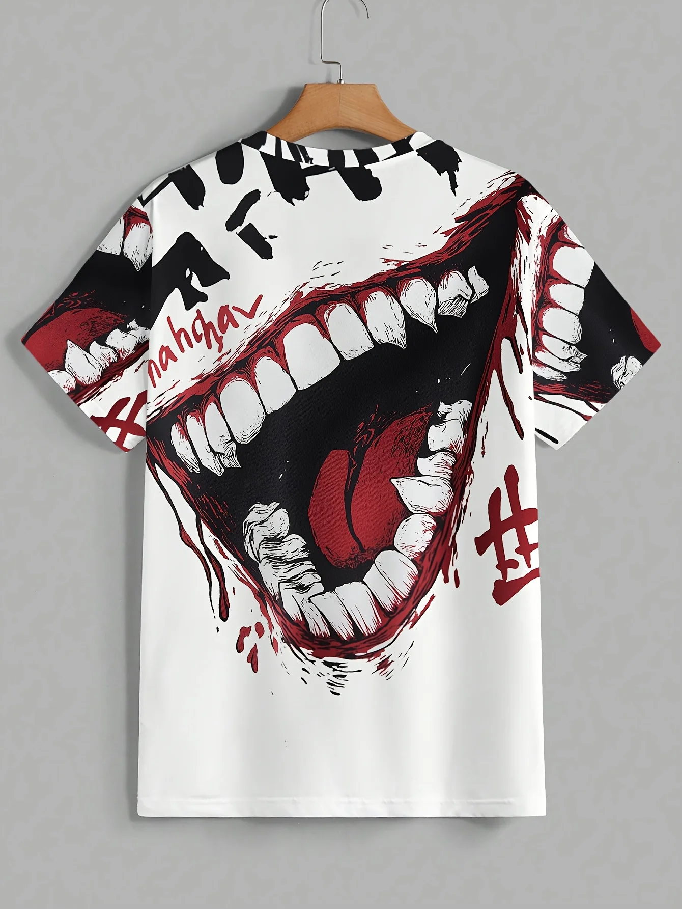 Herren-T-Shirt mit weißem Grundmuster, Horror-Großzahnteeth-Blutstropfen-Print, O-Ausschnitt, Kurzarm, Hip-Hop-Streetwear, Lässige Oberteile – Detail 3