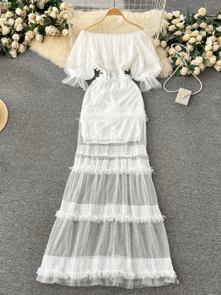 Summer Wedding White Dress Women Sexy Off Shoulder Gauze Puff Sleeve Slim Long Dress Wood Ear Edge Mesh Fishtail Dress