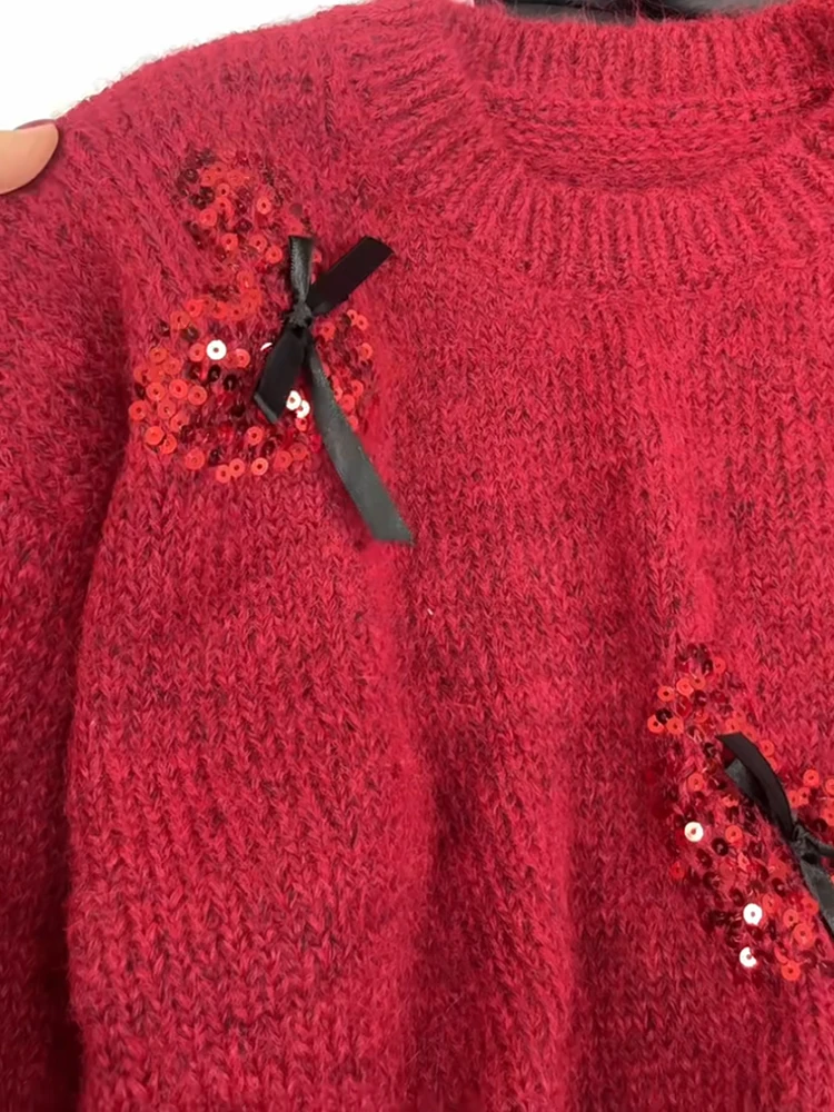 Sequins Love Pattern Bow Round Neck Sweater Women New Spring Autumn Lazy Style Soft Glutinous Versatile Long Sleeve Knitted Top