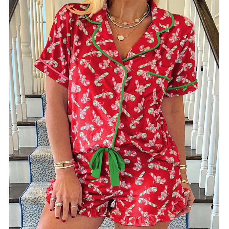 Merry Christmas Holiday Women‘s Soft Cotton Pajama Set, Button-Front Cardigan Short Sleeve & Shorts Relaxed Fit, Breathable Ligh