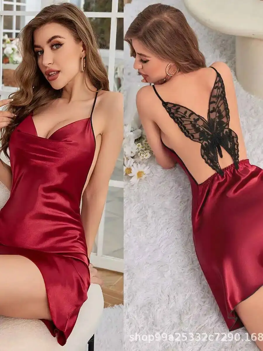 Sexy Weibliches Kleid Wickelbrust Rückenfrei Schmetterling Spitze Nachtkleid Seidensatin Damen Hosenträger Ärmelloses Kleid Schön FAHB