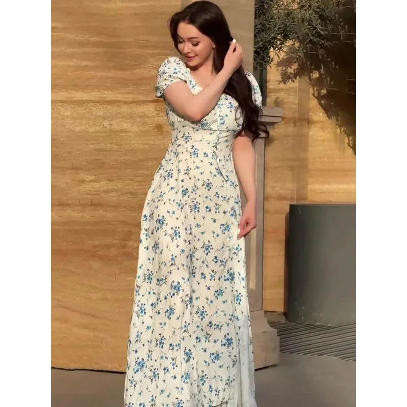 

Bubble sleeve 2025 summer new retro sweet temperament short sleeve printed long dress dress women S9283