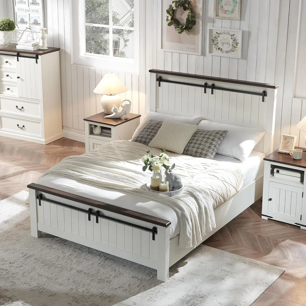 Wooden Bed Frame w/Groove Sliding Barn Door Footboard, Rustic Platform Bed w/Wood Slats Support, No Box Spring Needed, White