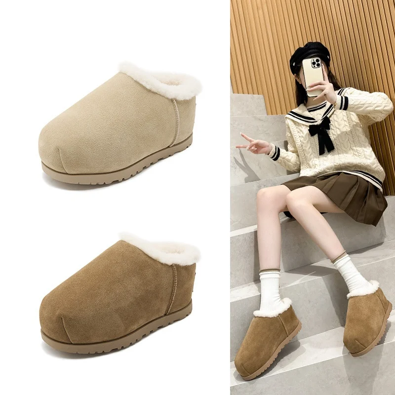 

Женские зимние сапоги-полутапочки из натуральной кожи с мехом, с круглым носком, на платформе, осенне-зимние, новые, в стиле «Капибара»