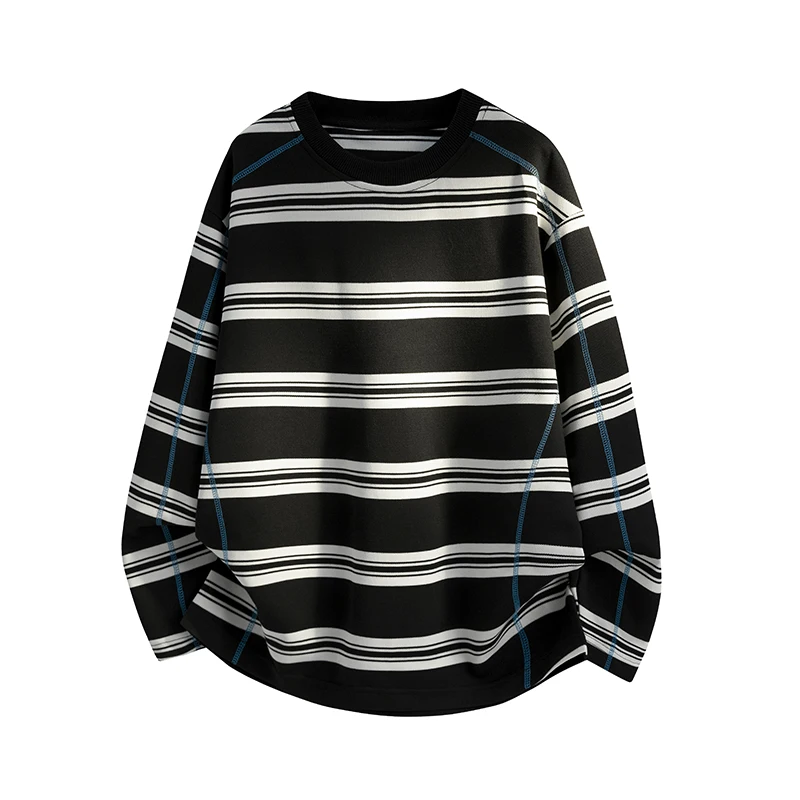 Men Black White Striped Raglan Sleeve Sweatshirt Contrast Blue Stitch Letter Print Loose Crew Neck Long Sleeve Top