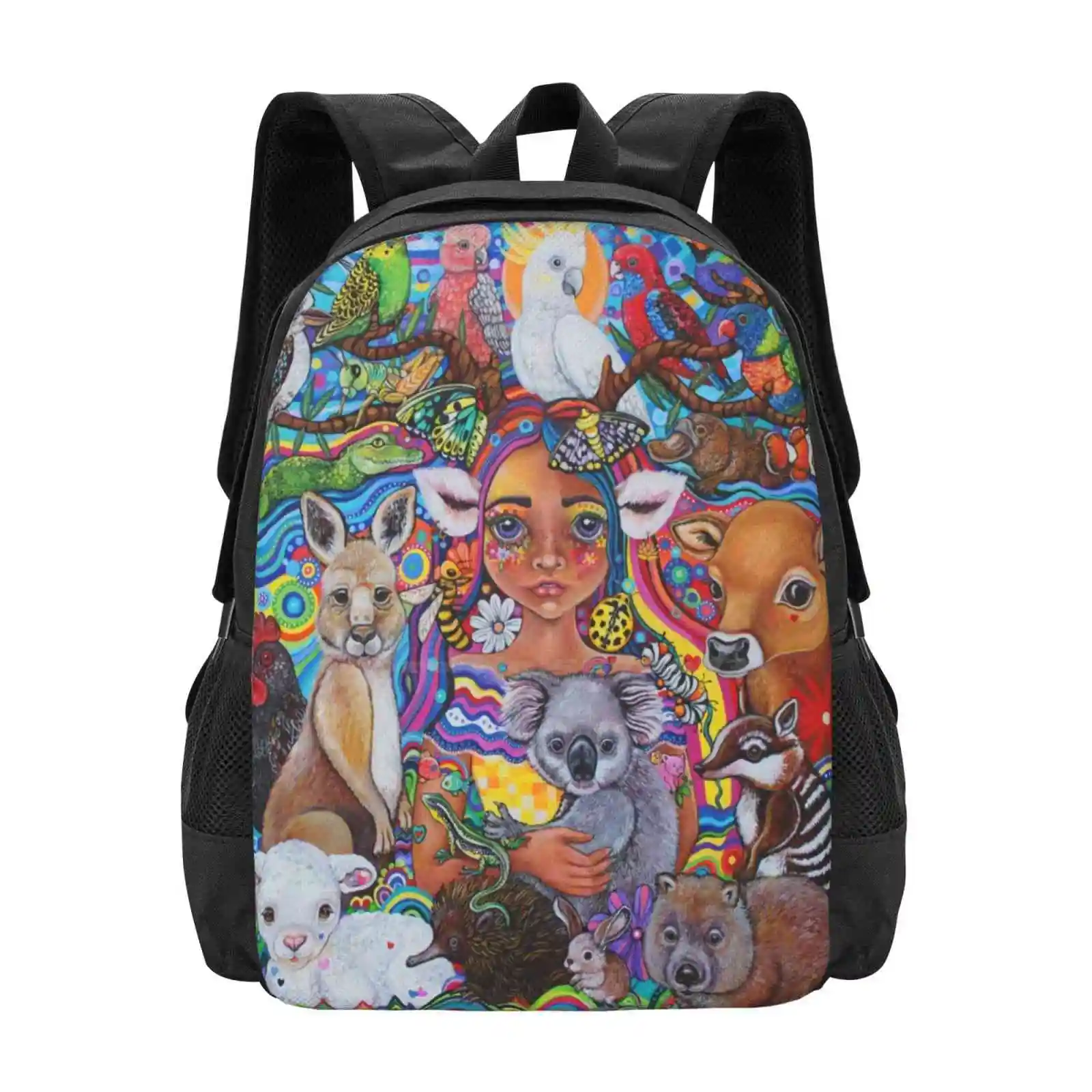 

The Caretaker Pattern Design Bagpack School Bags Australia Vegan Art Animal Rights Koala Kangaroo Cockatoo Echidna Birds Cow