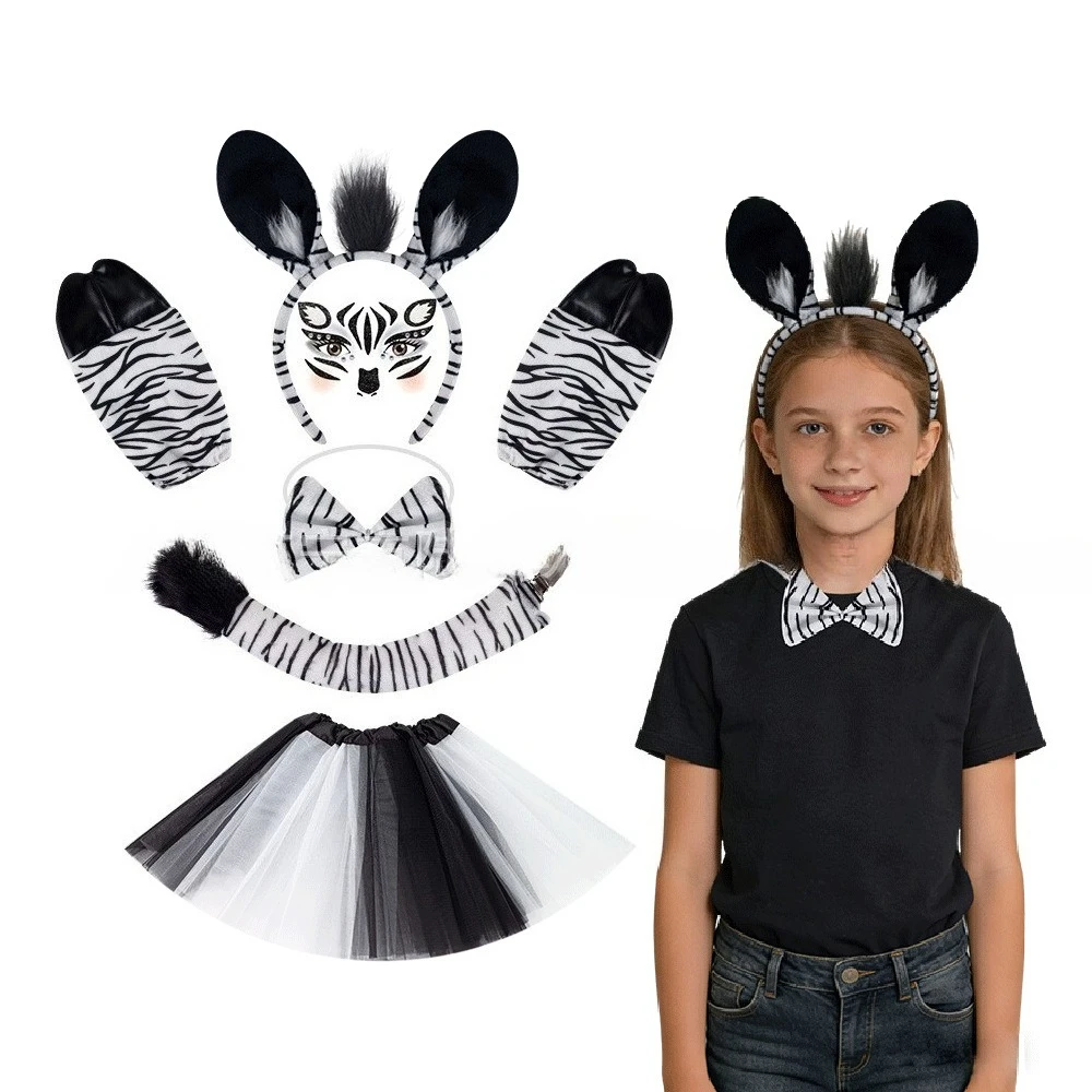 Animal Zebra Ears Tail Set Ears Headband Bowtie for Animal Costume Cosplay Birthday Party Accessories Carnival Halloween
