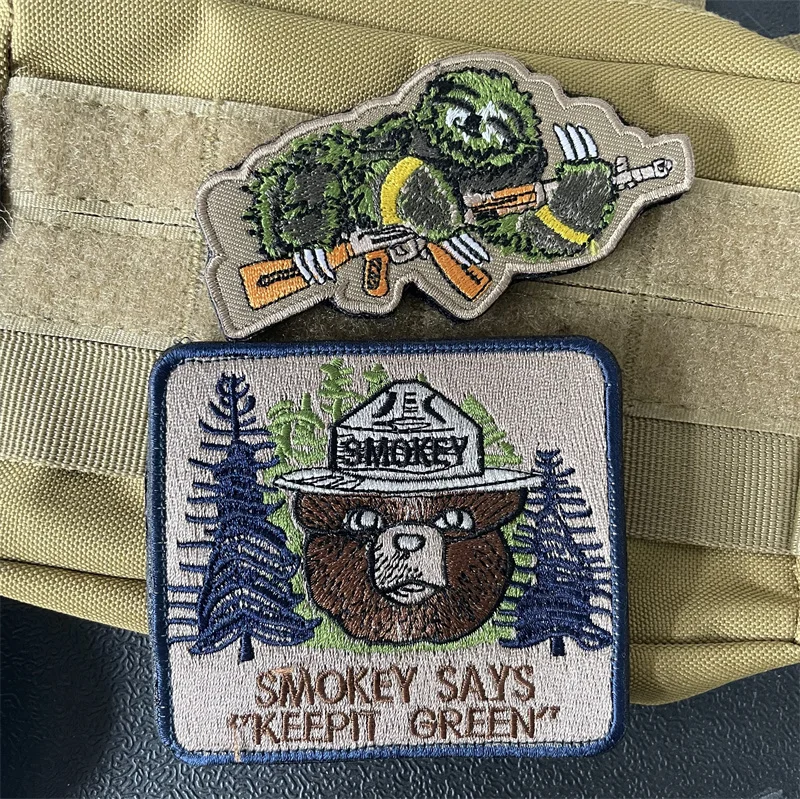 Smokey Bear Tactical Patches Keep It Green Nature Embroider Patch Hook & Loop Sloth with Gun Morale Badge Military Armband