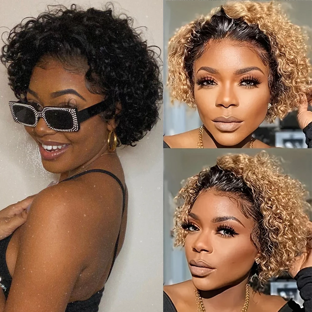 

Short Curly Ombre Honey Blonde Colored Lace Front Wig 100% Human Hair Transparent Pixie Cut 13X1 Lace Frontal Wigs Preplucked