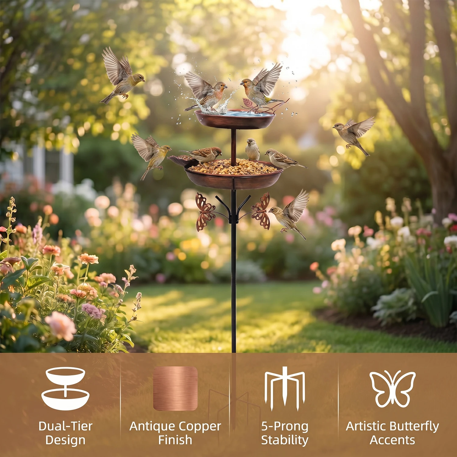 Upgraded Antique Bronze Iron Freestanding Outdoor Garden Birdbaths for Outside Vintage, Double Metal Bird Bath Feeder Bowls for Garden Patio Yard Lawn Decor