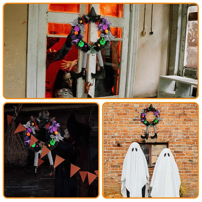 Halloween Wreath Outdoor Decorations - 25.6 X 13.7Inch Door Wreaths for Front Door, Witch Decor with Hat Legs Pumpkin