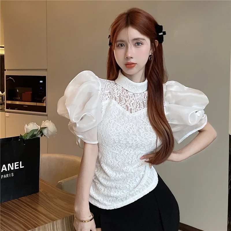 

Women Tops Korean Temperament Blouses Stand Neck Lantern Sleeve Vintage Shirts Sweet Lace Hollow Out Blusas Mujer