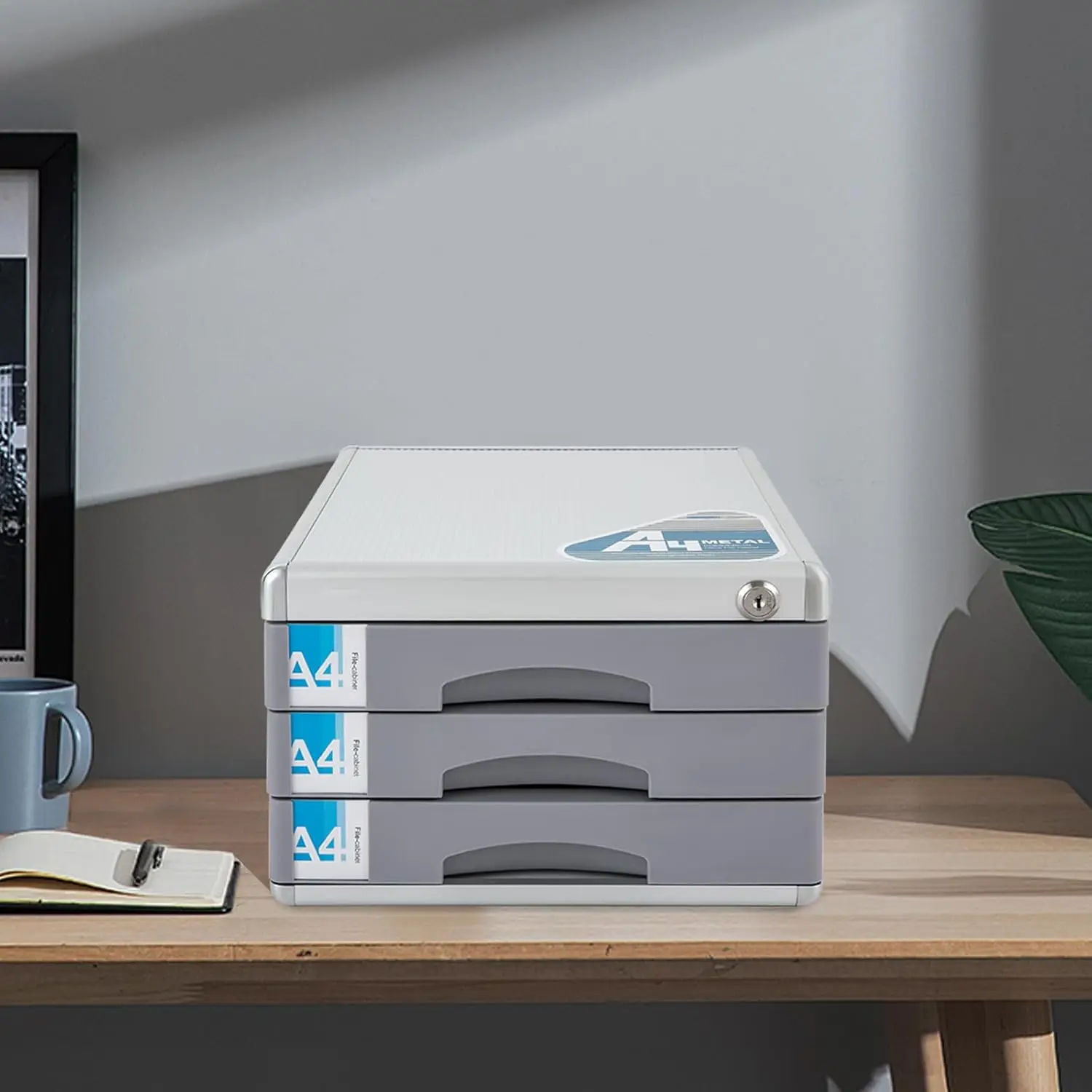 Organizador de mesa com 3 gavetas pequenas, organizador de arquivos de liga de alumínio, armário de gaveta com tampa com 5 gavetas, etiquetas e armazenamento de arquivos de 2 teclas