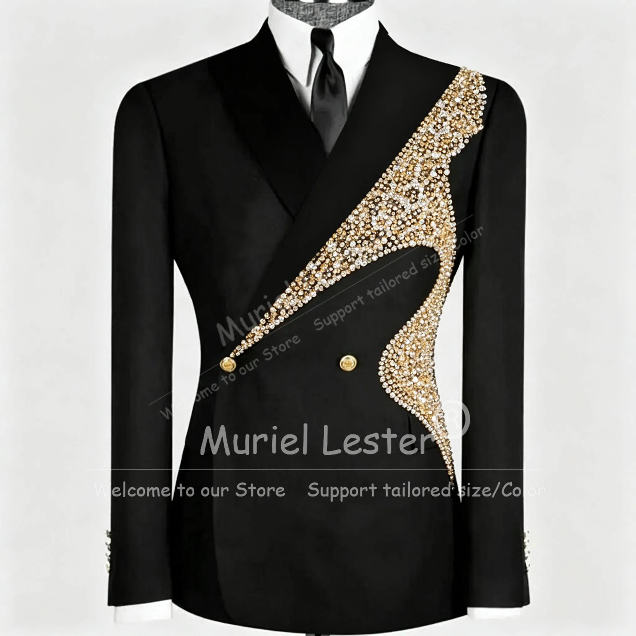 Man Exclusive Tuxedo Suit Gold Diamond Beaded Jacket Pants 2 Piece Sets Groom Wear Prom Blazer Customized Man Business Clothing